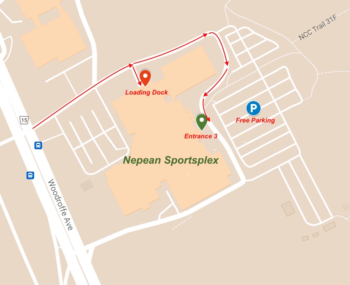 Bird's eye view diagram depicting how to access the Nepean Sportsplex loading dock.