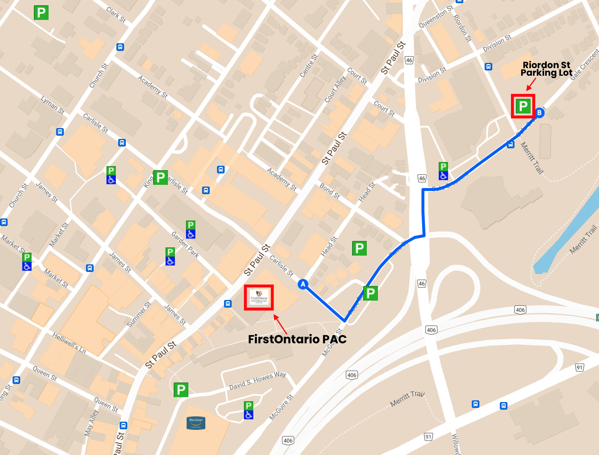 map of FirstOntario PAC and surrounding areas; showing directions to Riordon St Parking Lot